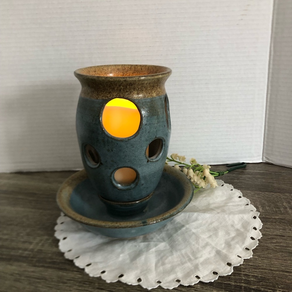 1979 Hand Thrown Pottery Glazed Fairy Lamp Candle Holder